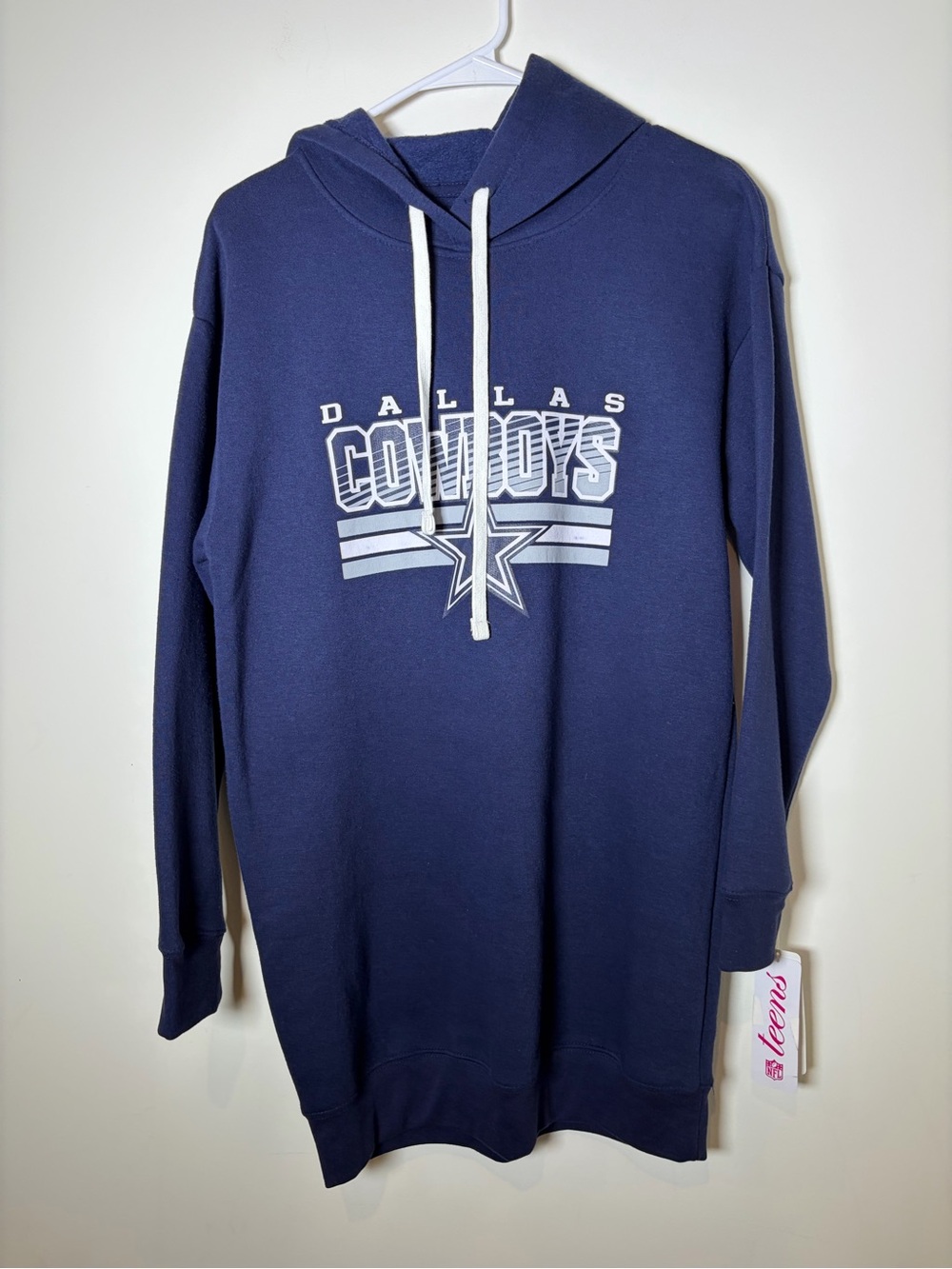 NFL Dallas Cowboys Teen Apparel Navy Crewneck Hoodie with White Logo 33” L, 21 W